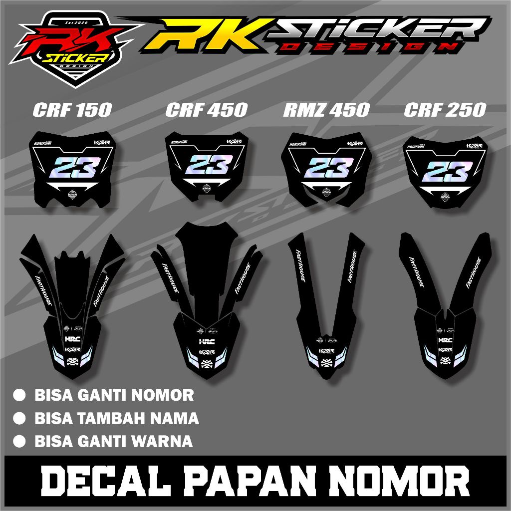 สติ๊กเกอร์บอร์ดและสติ๊กเกอร์บังโคลน CRF 150/250/450 และ RMZ 450 ชื่อและหมายเลขขอฟรี RK.007