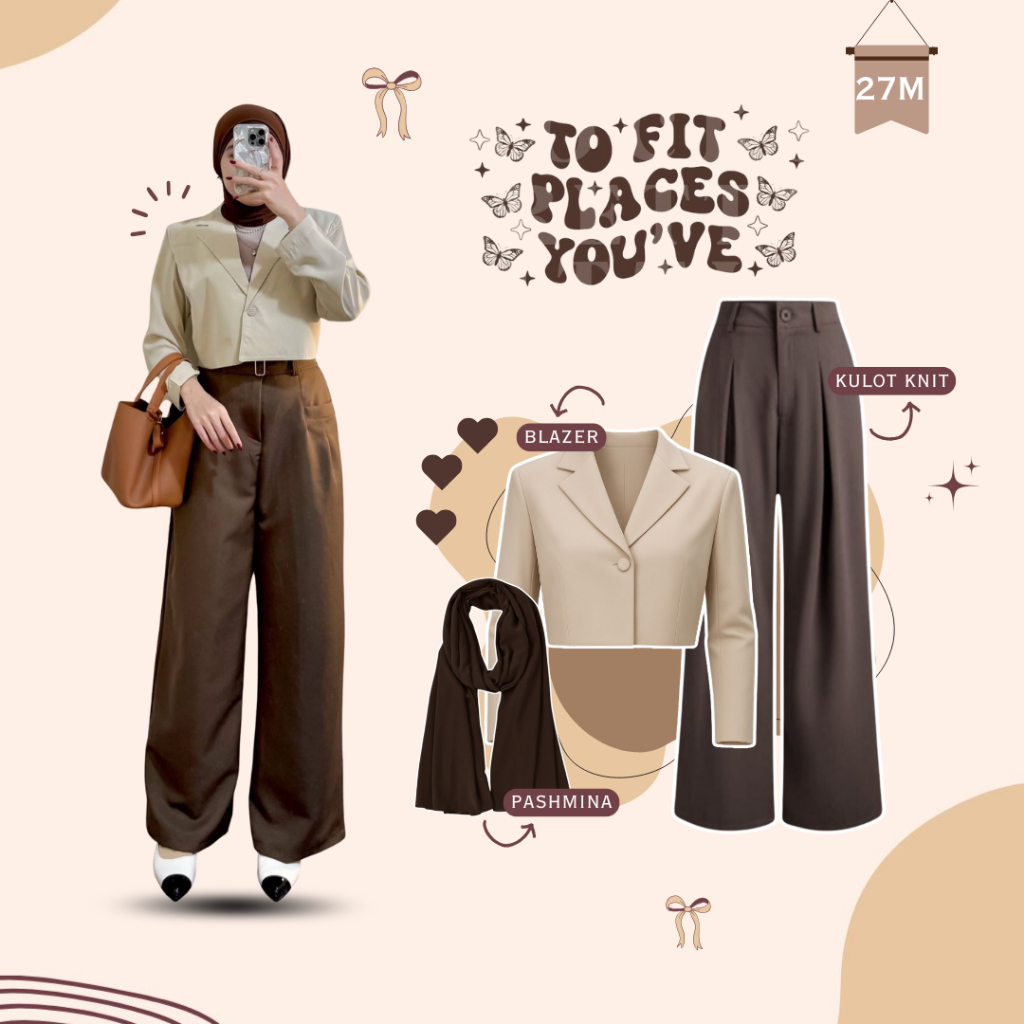 3in1 - One ชุดผู้หญิงโมเดิร์น Hijab Pashmina Jersey & Blazer Outter Crop Top Twill Baleno & Knit Cul