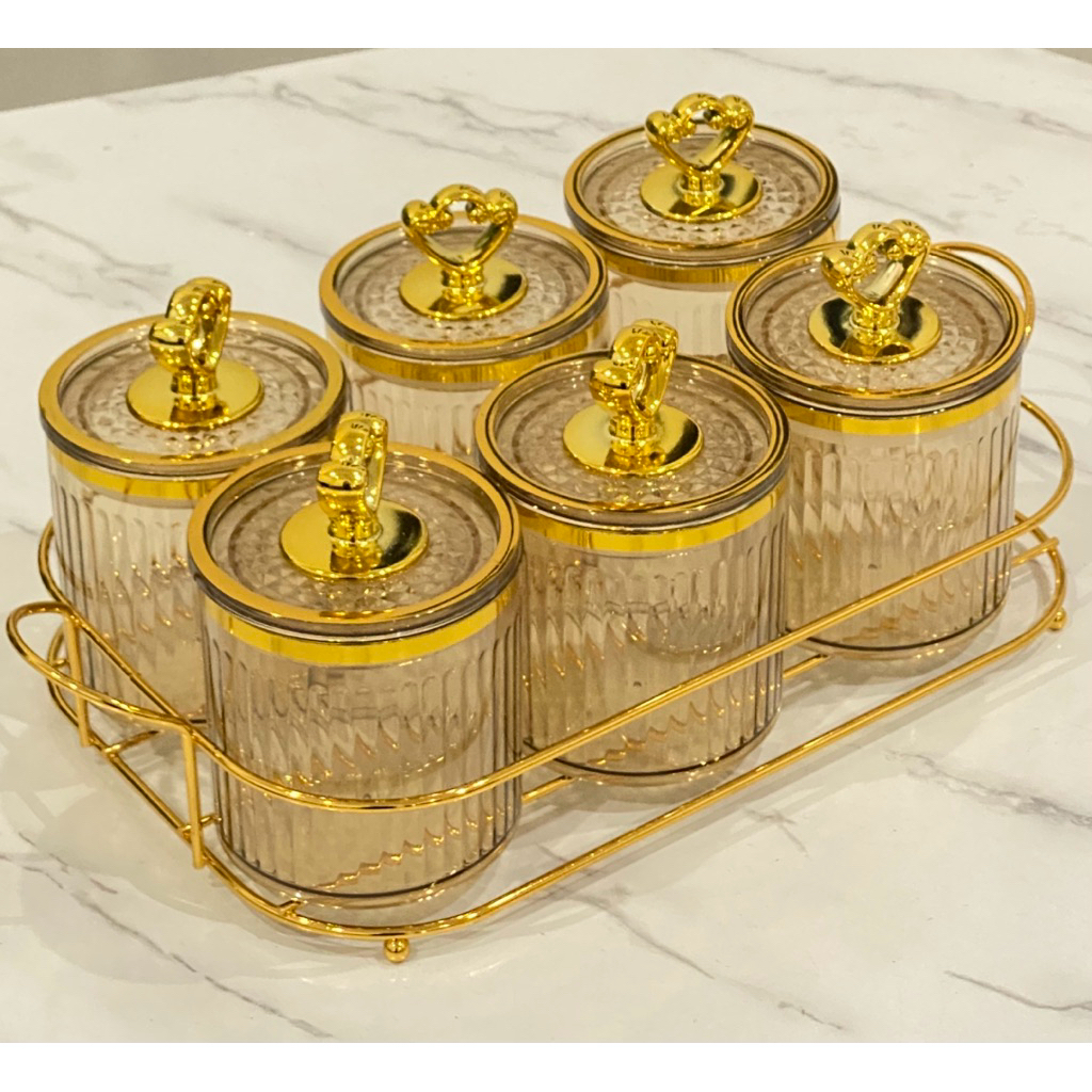 LUXURY ACRYLIC GOLD JARS 6 ชุด / เค้กทองหรูหรา JARS / อาหารสําเร็จรูป JARS