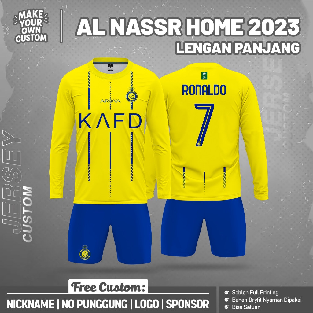 AL NASSR HOME 2023 LONG เสื้อฟุตบอลฟรีที่กําหนดเองชื่อและหลังหมายเลขการพิมพ์เต็มรูปแบบ
