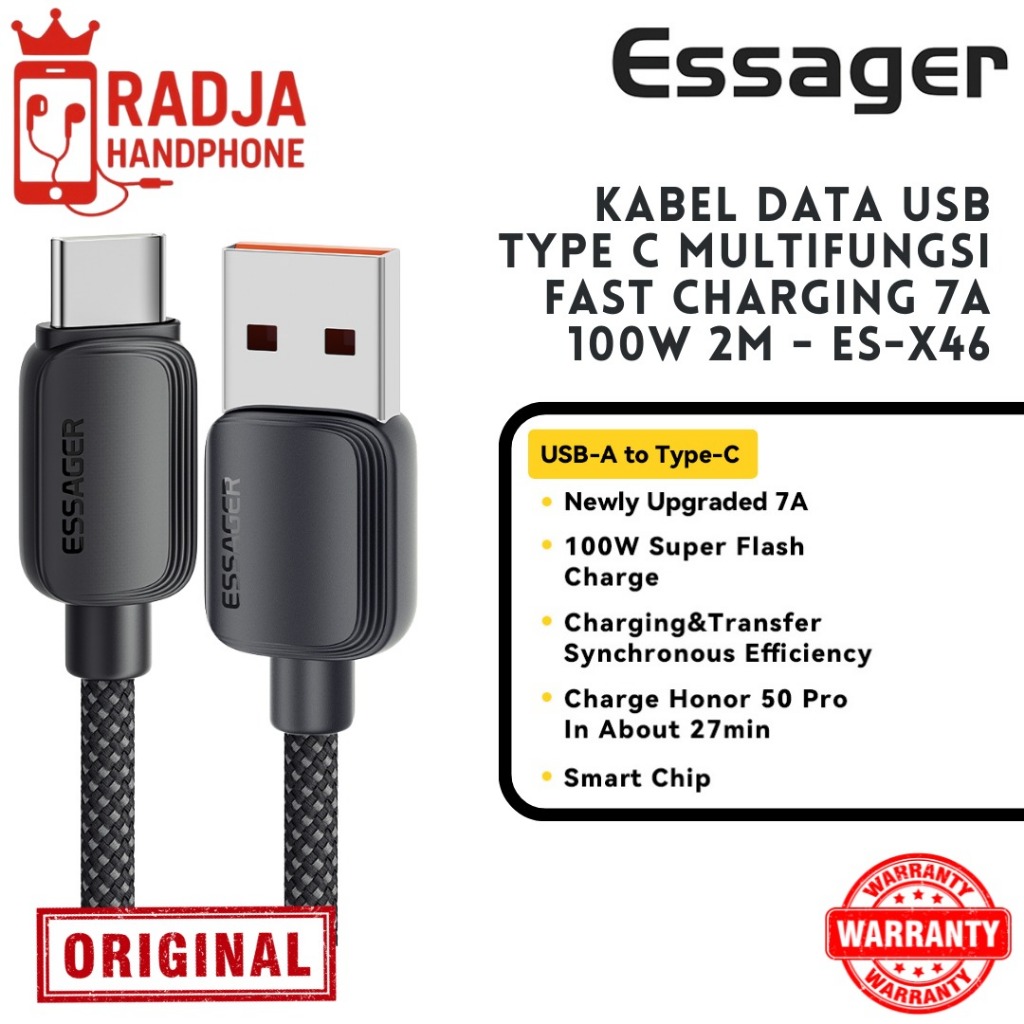 ESSAGER สายเคเบิลข้อมูล USB Type C มัลติฟังก์ชั่นชาร์จเร็ว 7A 100W 2M - ES-X46