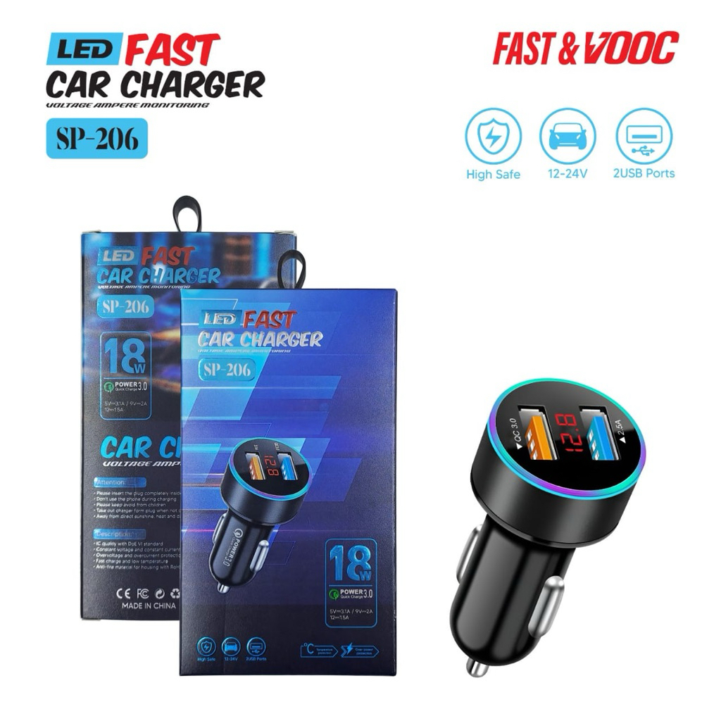 SP-206 2USB 18W LED Car Charger Adapter SP206
