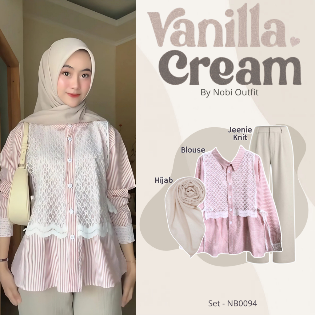 Nobi Outfit 3 In 1 Korean Womens Look Sweet Pink Blouse Set (Hijab + Blouse + Jennie Knit) Self Heal