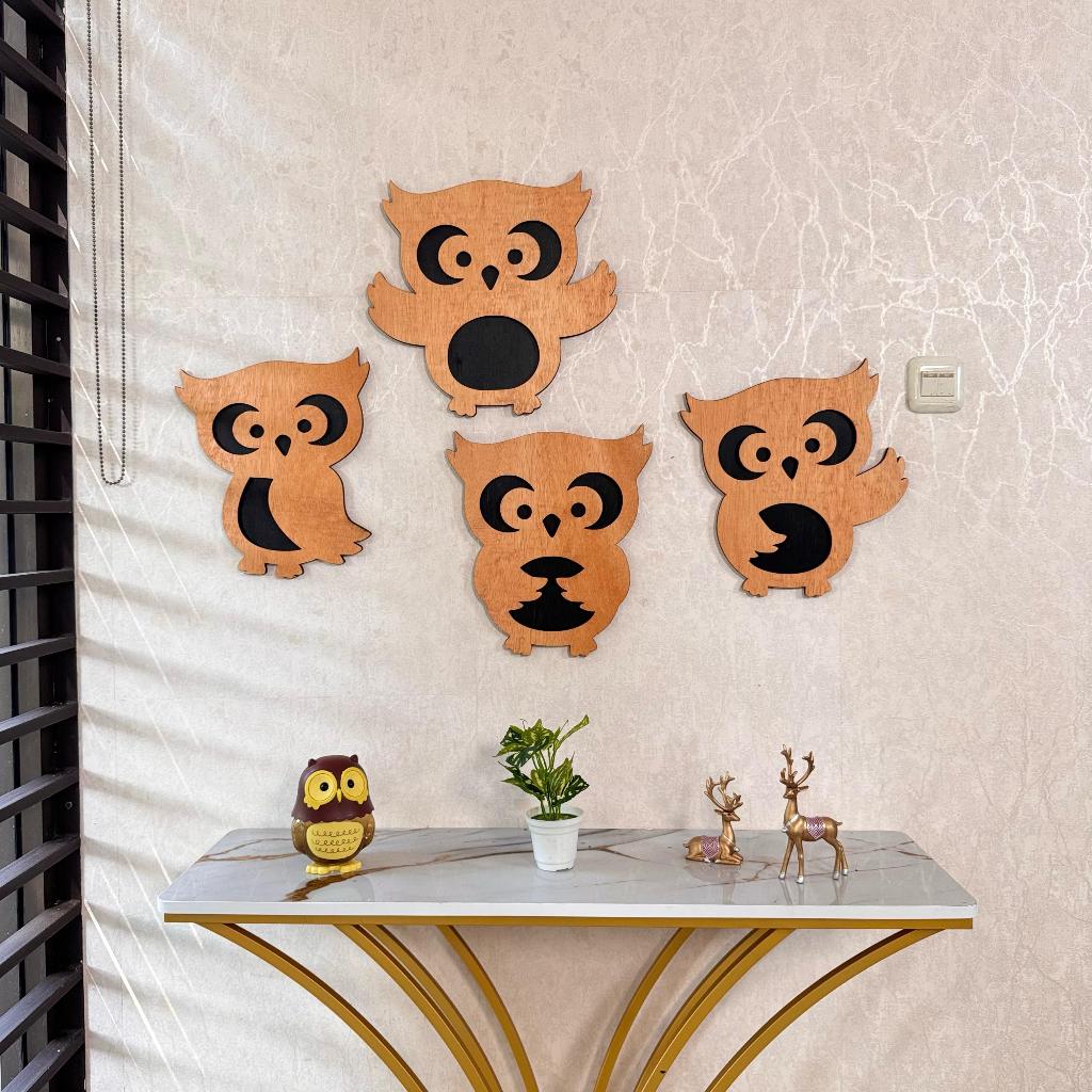 ตกแต่งบ้าน 2 ชั้นไม้อัดตกแต่งผนัง Aesthetic Motif Set Of Wise Owls
