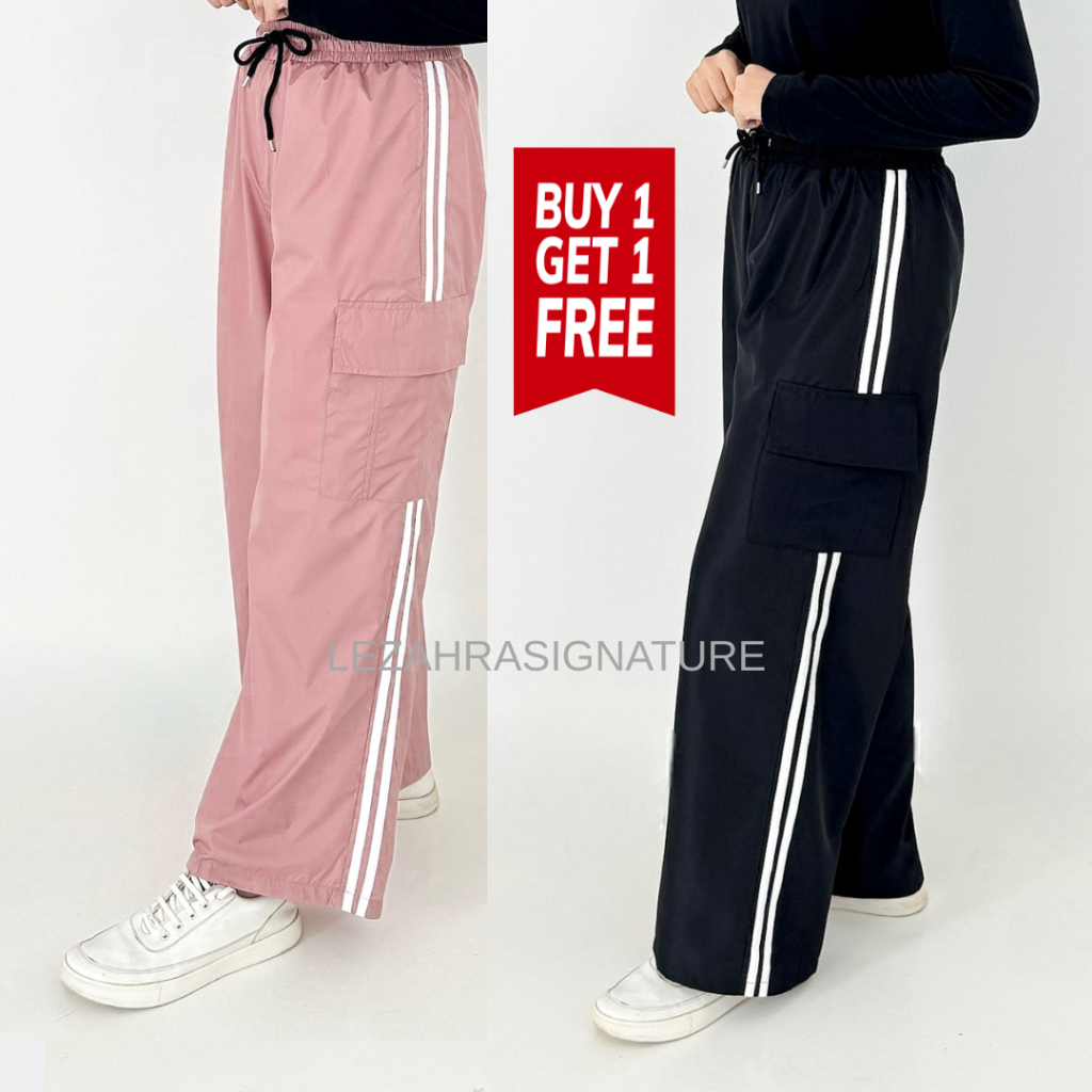 ซื้อ 1 แถม 1 Sporty Nylon Culottes Training Cargo Pants + Anti-Wrinkle Sports Lining Side Trim Fit L