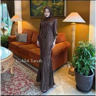 Gamis Kondangan Wanita Remaja Model Press Body Bahan Satin Mix Brukat Premium Warna Mahogany S-XXL