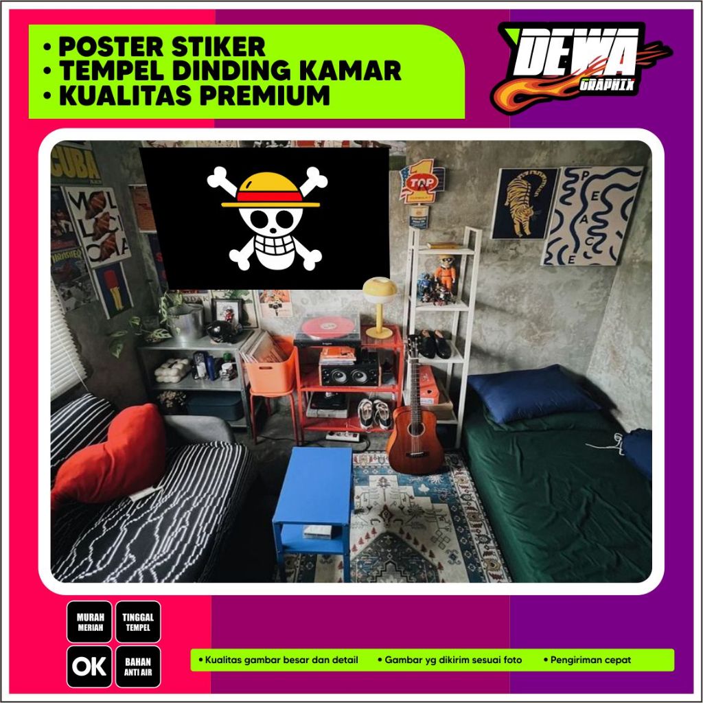 โปสเตอร์สติ๊กเกอร์ MATERIAL 100x60 ซม.JUST STICK THE WALL OF THE ROOM JOLLY ROGER LUFFY ZORO ONE PIE