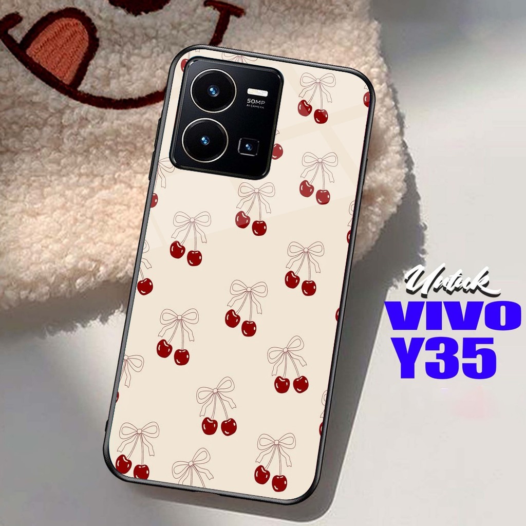 Softcase Glass Glitter Motif [ CHERRY ] VIVO Y35 เคสมือถือใหม่ล่าสุด - ตัวป้องกันโทรศัพท์มือถือ - อุ