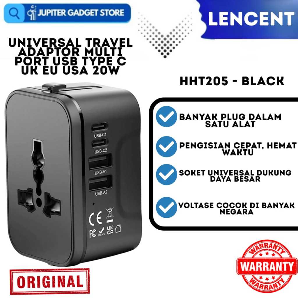 LENCENT Universal Travel Adapter Multi Port USB Type C UK EU USA 20W - HHT205 - สีดํา