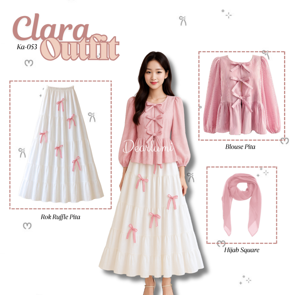 Dearlumi Clara ชุดชุดสไตล์เกาหลี Kekian Coqquette (Ribbon Blouse + กระโปรงริบบิ้น + Bella Square Hij