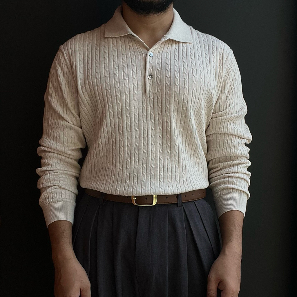 Italian Fit Cable Collar Knit Broken Beige by Olzen