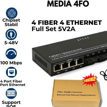 อุปกรณ์ไฟเบอร์ออปติก 4fo 4lan 100mbps (A+A+B+B) 4FIBER 4ETH Ethernet Media Converter 4 Port FO Optic