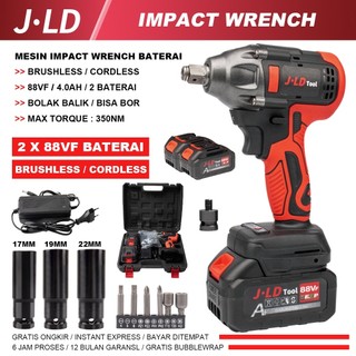 JLD 13MM CORDLESS IMPACT WRENCH BRUSHLESS 350N.M impact baterai 88VF MESIN BOR JV88 UNTUK BAUT MOBIL impact jld 88v original 2 baterai impek baterai jld