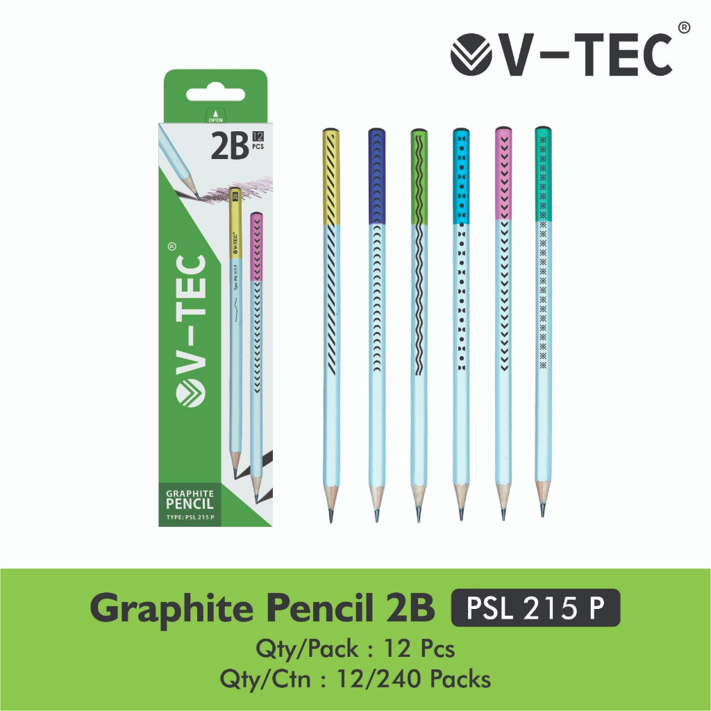 (1 แพ็ค 12 ชิ้น) 2B PENCIL V-TEC PSL 215 P / VTEC PSL215P WOODEN PENCIL ORIGINAL PEN WRISTING GRAPHI