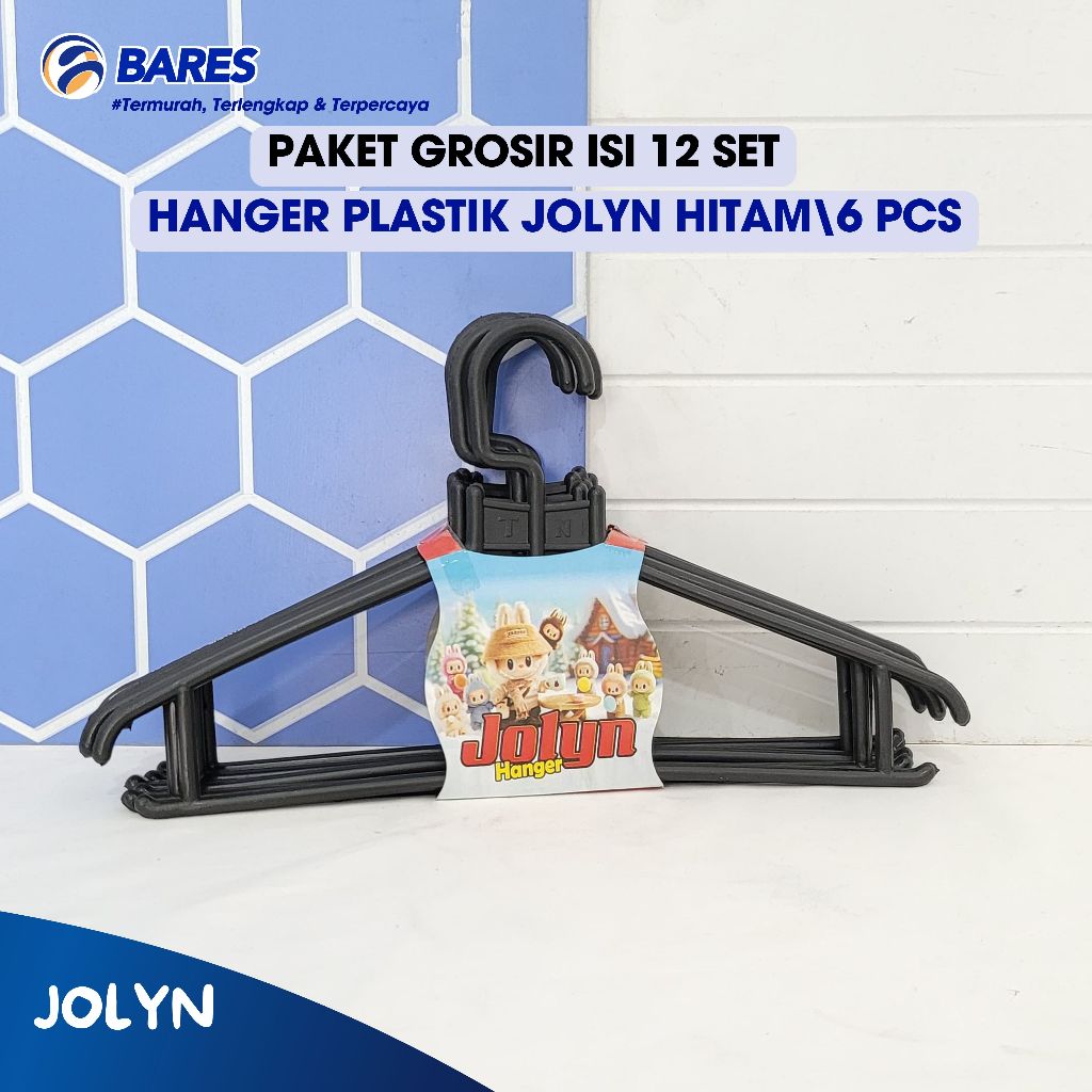 (WHOLESALE PACKAGE COTENTS 12 ชุด) Jolyn ไม้แขวนเสื้อพลาสติกสีดําหนา \ 6 ชิ้น