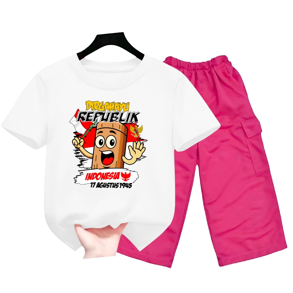TUNG TUNG SAHUR AUGUST เสื้อยืดชุดเด็กผู้หญิงอายุ 5-10 ปีเสื้อยืดและกางเกงคาร์โก้