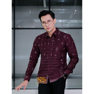 PRADIPTA Burgundy Slimfit KALANDRA BATIK SOLO katun prima premium lengan panjang pendek casual full furing keren batik anak muda