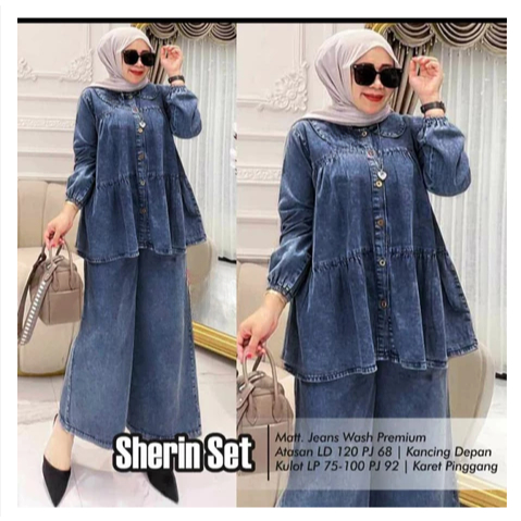 Sandangan.store - Sherin Wash Jeans Set Culottes Pants full Button Active Nursing Shirt อินเทรนด์