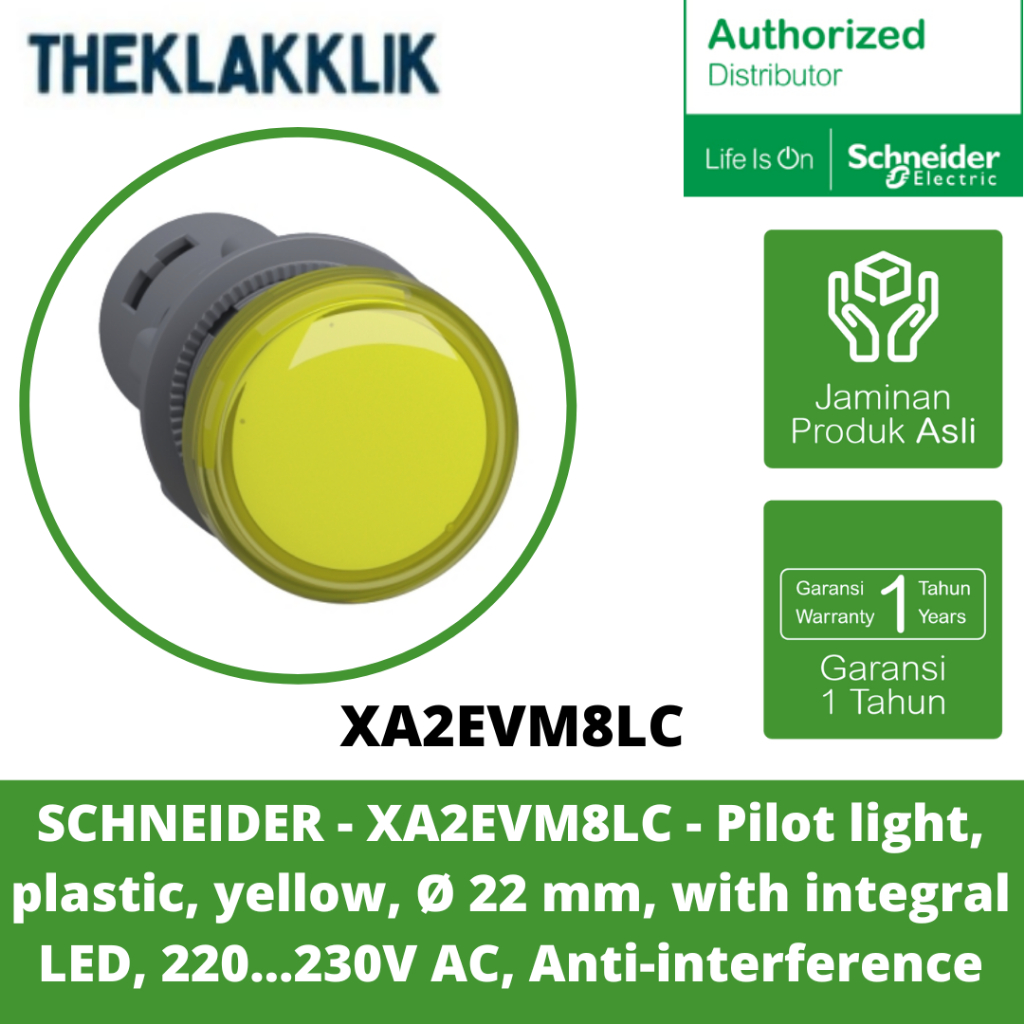 SCHNEIDER - XA2EVM8LC - ไฟนักบิน พลาสติก เหลือง Ø 22 mm มี LED แบบบูรณาการ 220...230V AC, ป้องกันการ