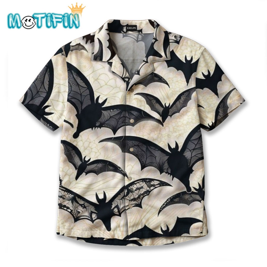 KEMEJA MOTIFIN เสื้อเชิ้ตขนาดใหญ่ Gothic Bat Lace Elegant Monochrome Unisex ความงามแขนสั้น | MO-89