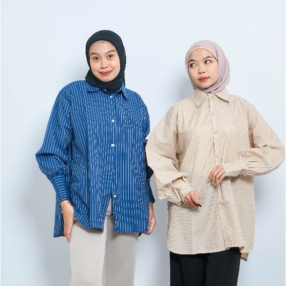 KEMEJA KATUN OVERSIZE เสื้อเชิ้ตสตรี / ผ้าฝ้าย STRIPE TOP LD 120 JUMBO MUSLIM ผู้หญิงยาว / HARA SHIR