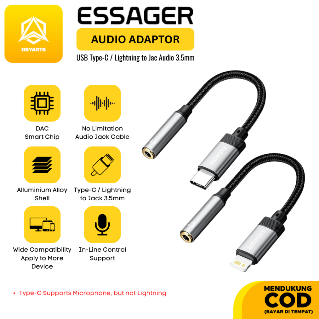 ESSAGER ZY0G DAC สายอะแดปเตอร์ขั้วต่อ USB Type C / Lightning เป็นตัวแปลงแจ็คเสียง 3.5 มม.