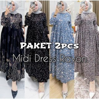Paket Hemat 2pcs Midi Dress Rayon Viscose Motif Bunga Premium Gamis Midi Semata Kaki Resleting DepanBusui Friendly