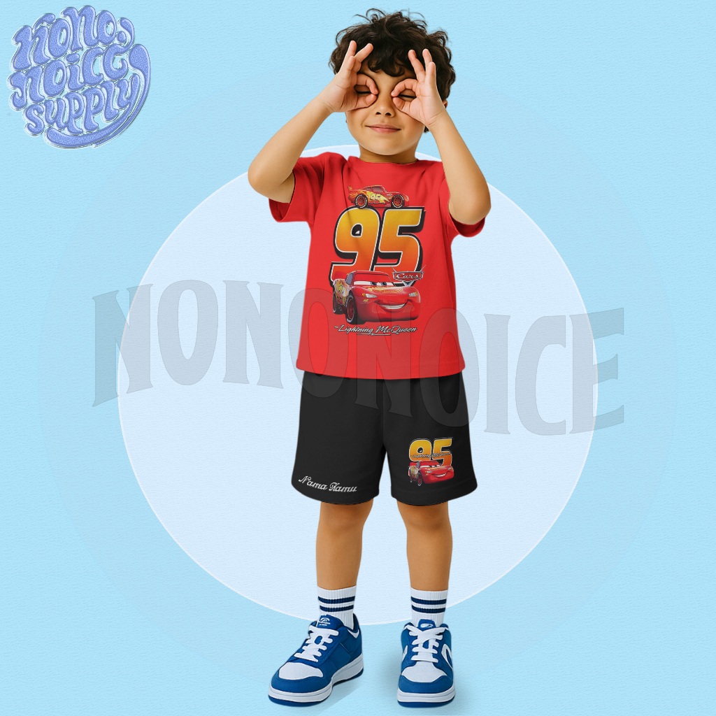Cars Lightning McQueen 95 ชุดเสื้อยืดเด็กชื่อฟรี / รถยนต์ McQueen ชุดเสื้อกางเกงเด็กสําหรับเด็กอายุ 