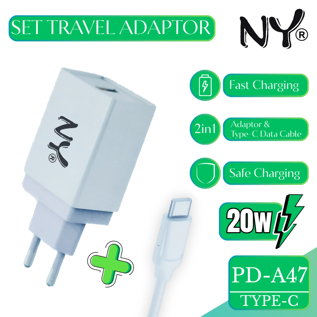 NY TRAVEL CHARGER PD-A47 20W USB A + TYPE C CABLE สีขาว FAST CHARGING