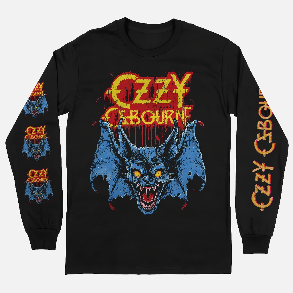 OZZY OSBOURNE NAVY BAT MENS LONG SLEEVED เสื้อยืด OLDSCHOOL DESIGN