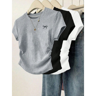 Baju Oblong Wanita Lengan Pendek/Bahan Spandek Distro Printing Premiun/Atasan / Baju Kasual/T-shirt KERUT SAMPING MOTIF PITA