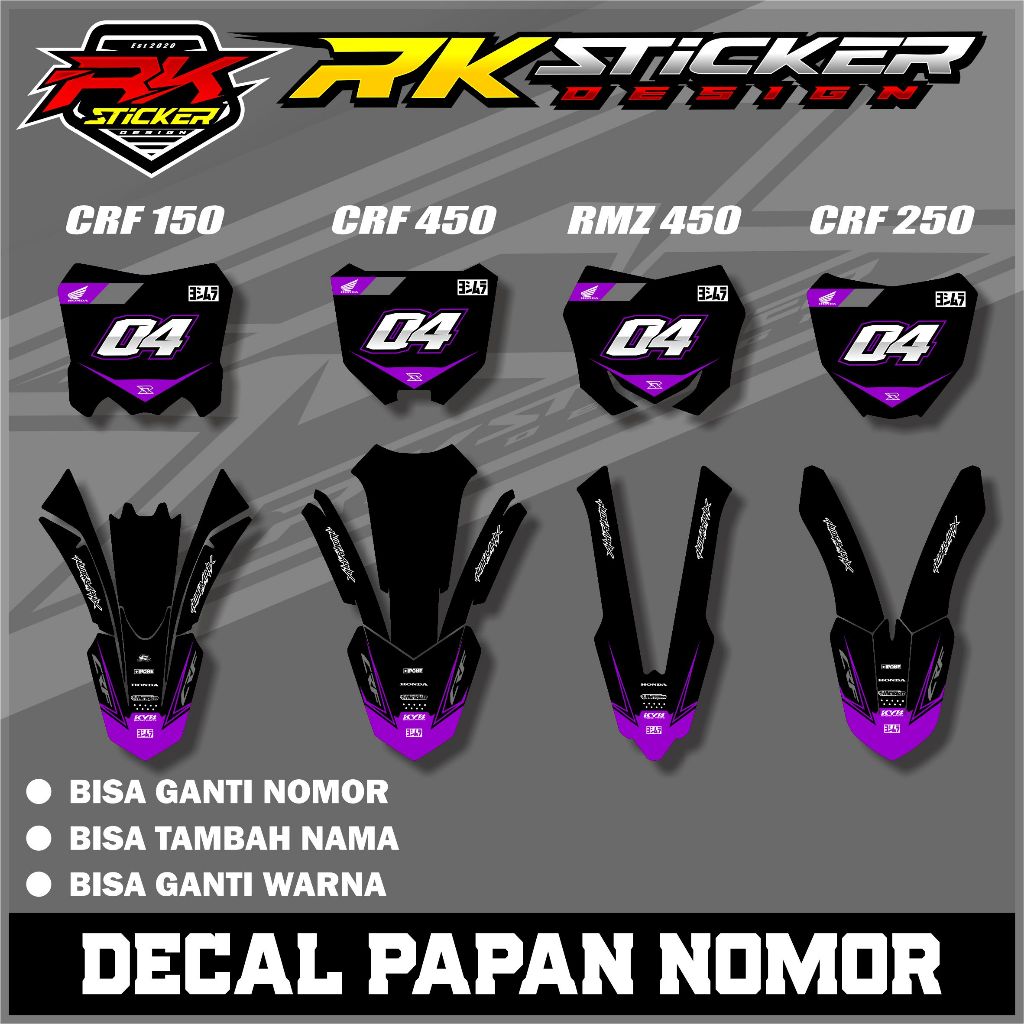 สติ๊กเกอร์บอร์ดและสติ๊กเกอร์บังโคลน CRF 150/250/450 และ RMZ 450 ชื่อและหมายเลขขอฟรี RK.009