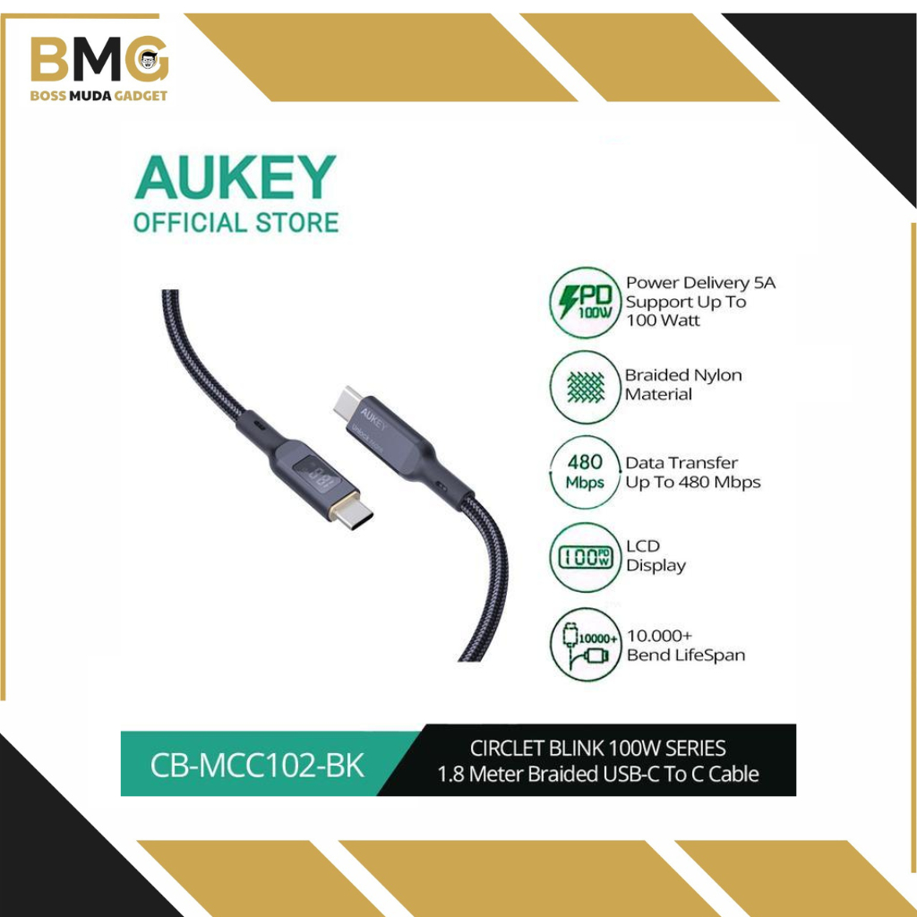 UKEY สายชาร์จ Type C เป็น C CB-MCC102 จอแสดงผล LED 1.8M 5A