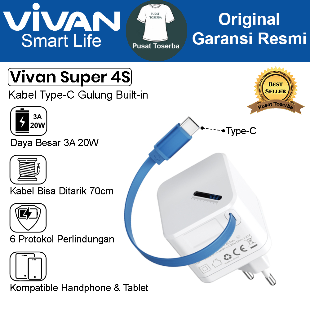 เครื่องชาร์จ Vivan Super 4S 3A 20W - สายเคเบิล Type-C ในตัว 70 ซม. รับประกันอะแดปเตอร์ชาร์จเร็ว