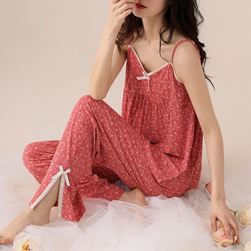 LNR Shop ชุดลําลองพร้อมแผ่นโฟมถ้วยกางเกงขายาวชุดนอนนําเข้าชุดนอน V-Shaped คอแขนกุดชุดชั้นใน Vintage 