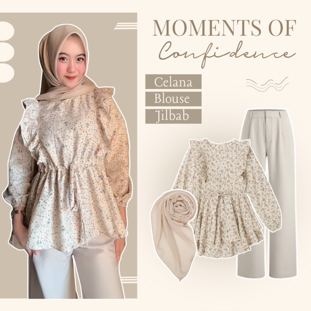 One Set Casual Hijab (เสื้อลาย + Culottes + Bella Square Hijab) Nude Outfit HO112N