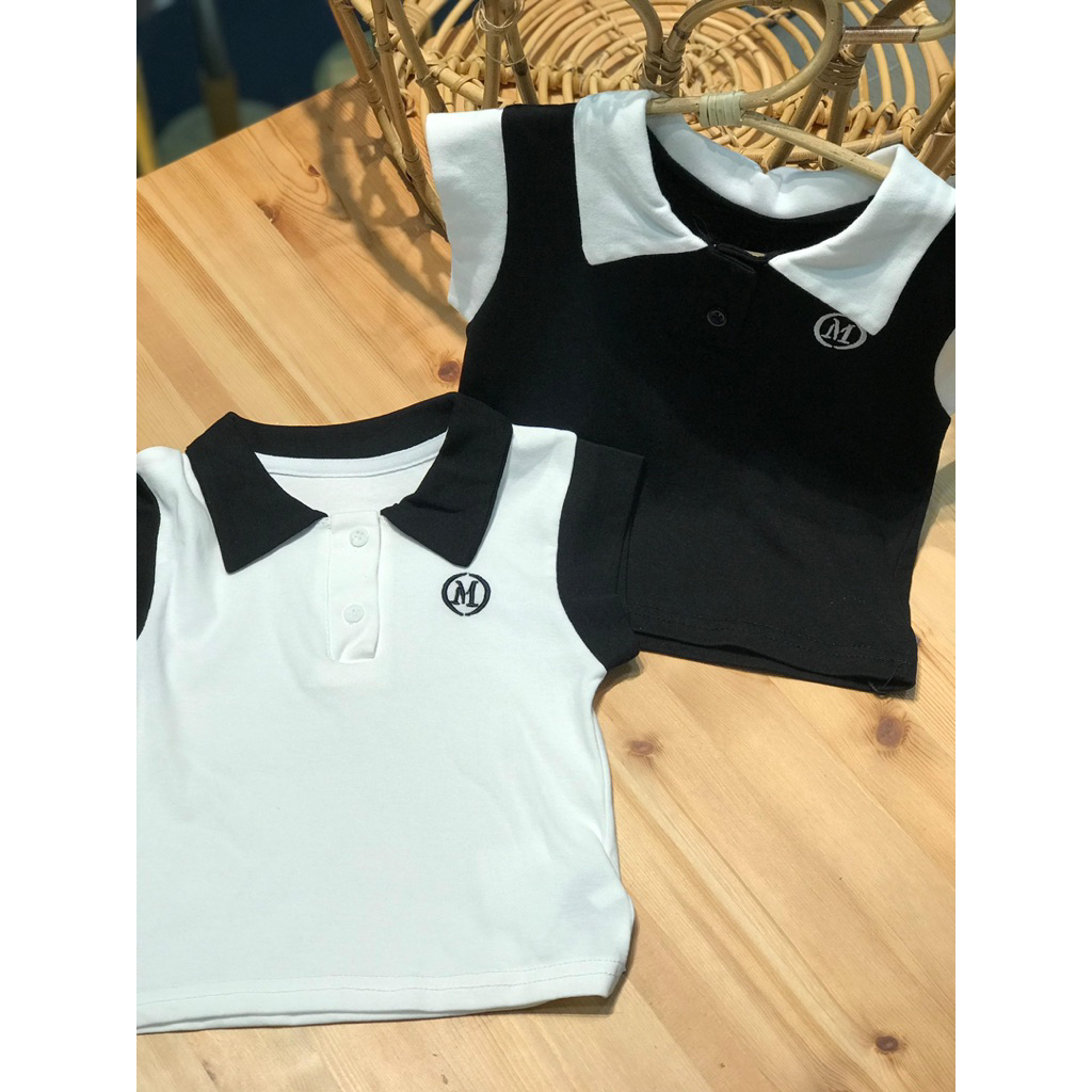 KATUN Sleeve Girl Top - เสื้อคอปกผ้าฝ้ายเด็กผู้หญิงสีดําและสีขาวพร้อมโลโก้ M cr808