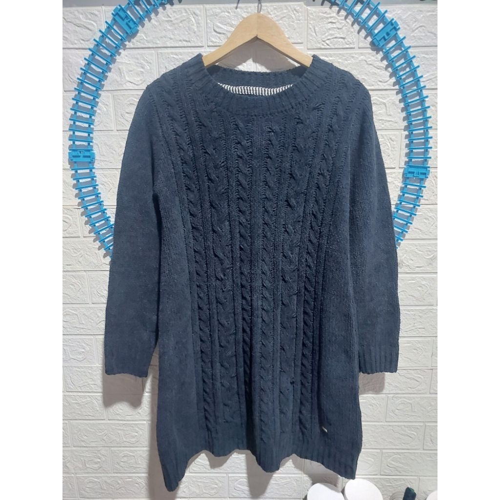 ANNA TUTU LONG SWETER / NAVY BRAID VELVET KNIT TUNIC