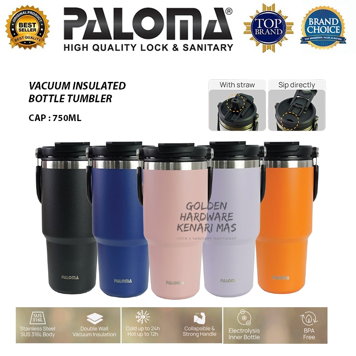 PALOMA GFP 182NB 182SP 182SL 182LO 182RB ขวดฉนวนสูญญากาศ Tumbler ขวดดื่ม 750ML สแตนเลส SUS 316 สีดํา