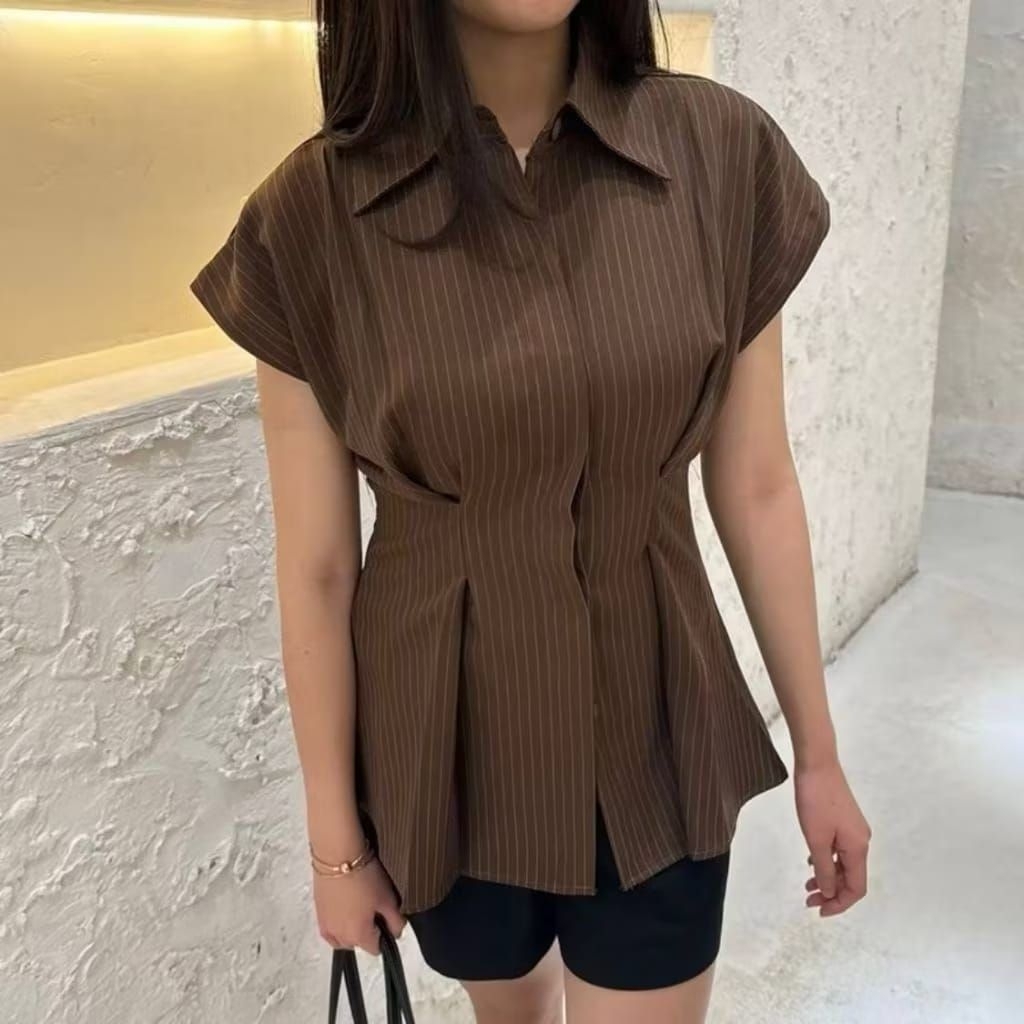 Nicetry-Alba Top / เสื้อ Pinstripeแขนสั้นผู้หญิง - เสื้อติดตั้งสตรี