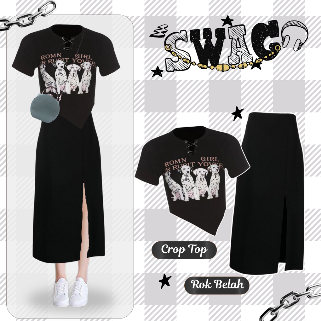 SWAG ชุดเด็กผู้หญิง Modern 2 in 1 | เสื้อครอป & แยกกระโปรงสีดํา Hits Street Look Casual Cool Style B
