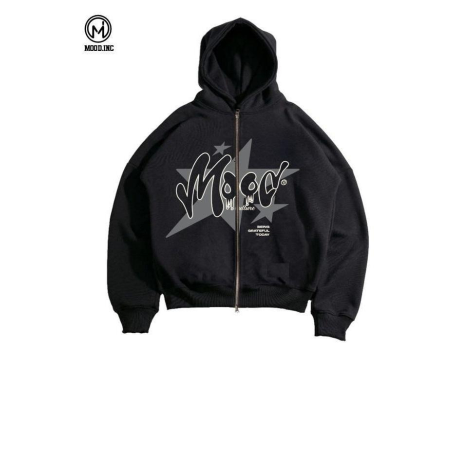 Hodie Boxy Full Zipper Star Mood Black - เสื้อแจ็คเก็ตผู้ชายผู้หญิงรุ่นใหม่ล่าสุด