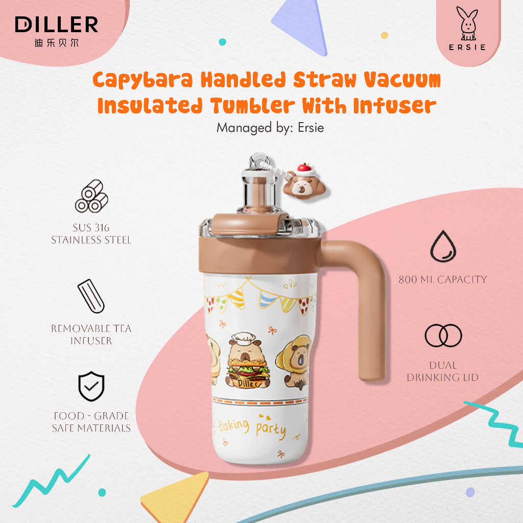 Diller 800ML Capybara Handled Straw แก้วน้ําฉนวนสูญญากาศพร้อม Infuser