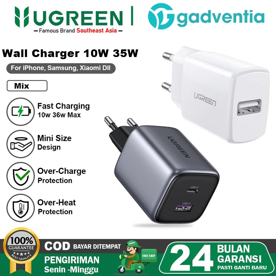 UGREEN Mini Dual Port USB Type C PD Fast Charging 10W 35W Charger Adapter Head สําหรับ iPhone Androi