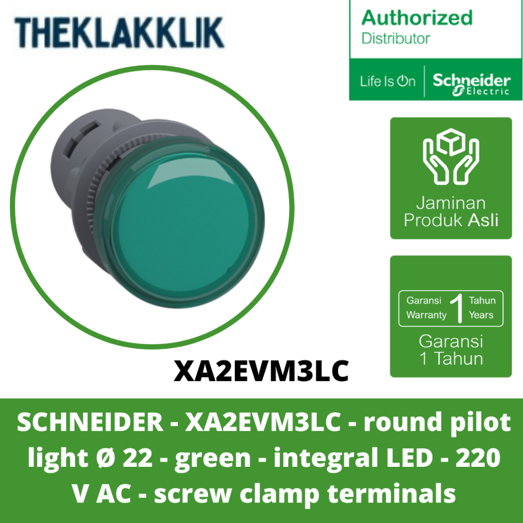 SCHNEIDER - XA2EVM3LC - ไฟนักบินกลม Ø 22 - สีเขียว - integral LED - 220 V AC - ขั้วแคลมป์สกรู