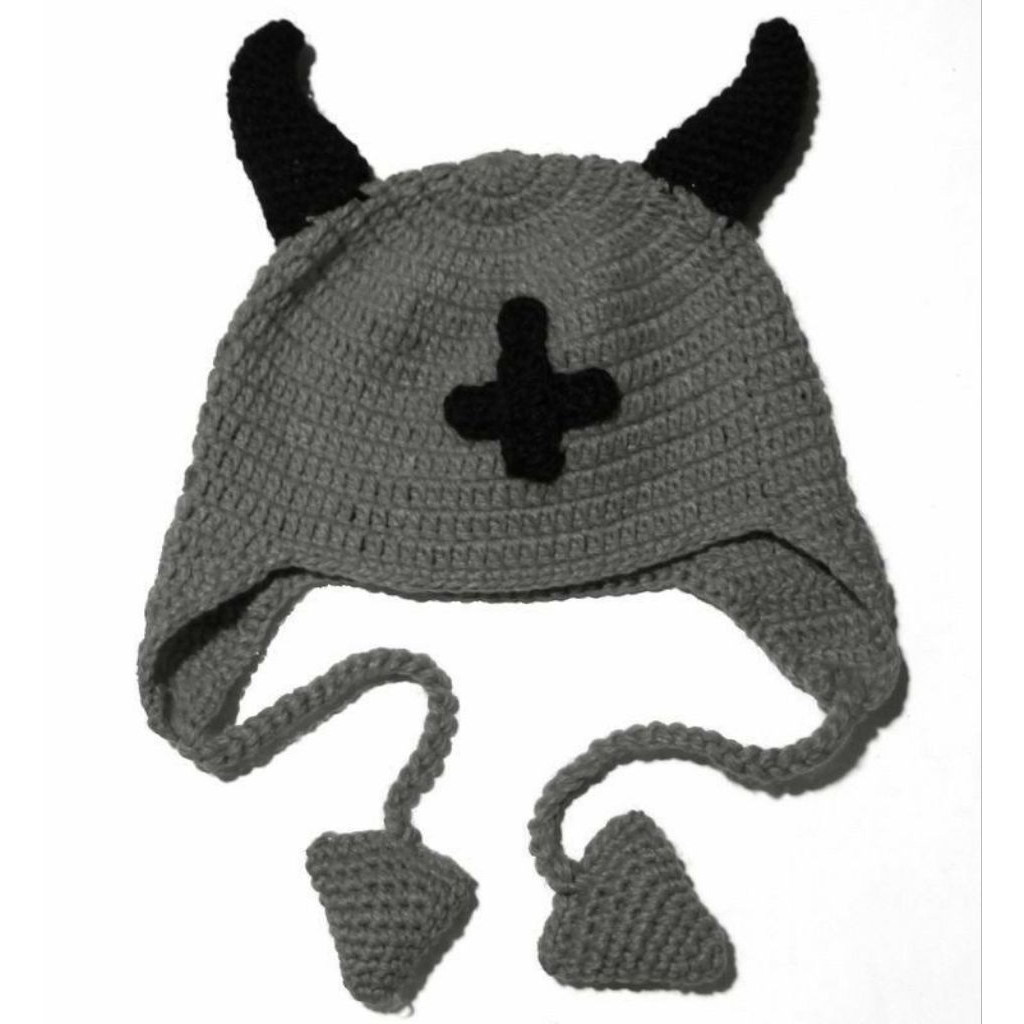 HANDMADE DEVIL BEANIE/หมวกปีศาจ/หมวกบะหมี่แดง/หมวกทรงวงรี/หมวก/หมวกผ้า/หมวกผ้า/Y2K FASHION/Y2K หมวกถ