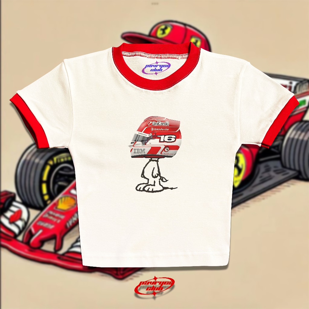 Baby tee ringer tee snoopy ferrari หมวกกันน็อค leclerc f1 racing y2k style crop tee
