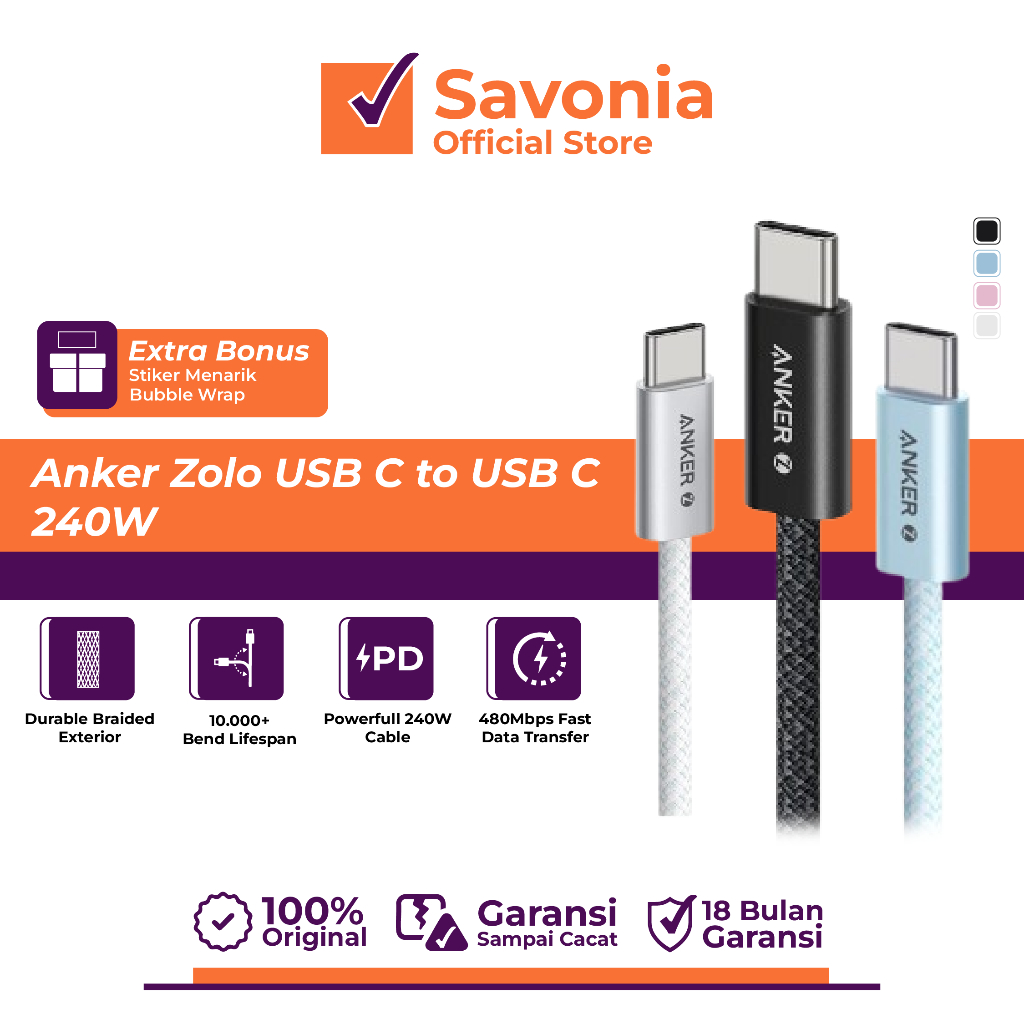 สายเคเบิลข้อมูล HP Anker Zolo USB-C to C 240W – Fast Charging PD 3.1, PPS, Nylon Braided, Slim Conne