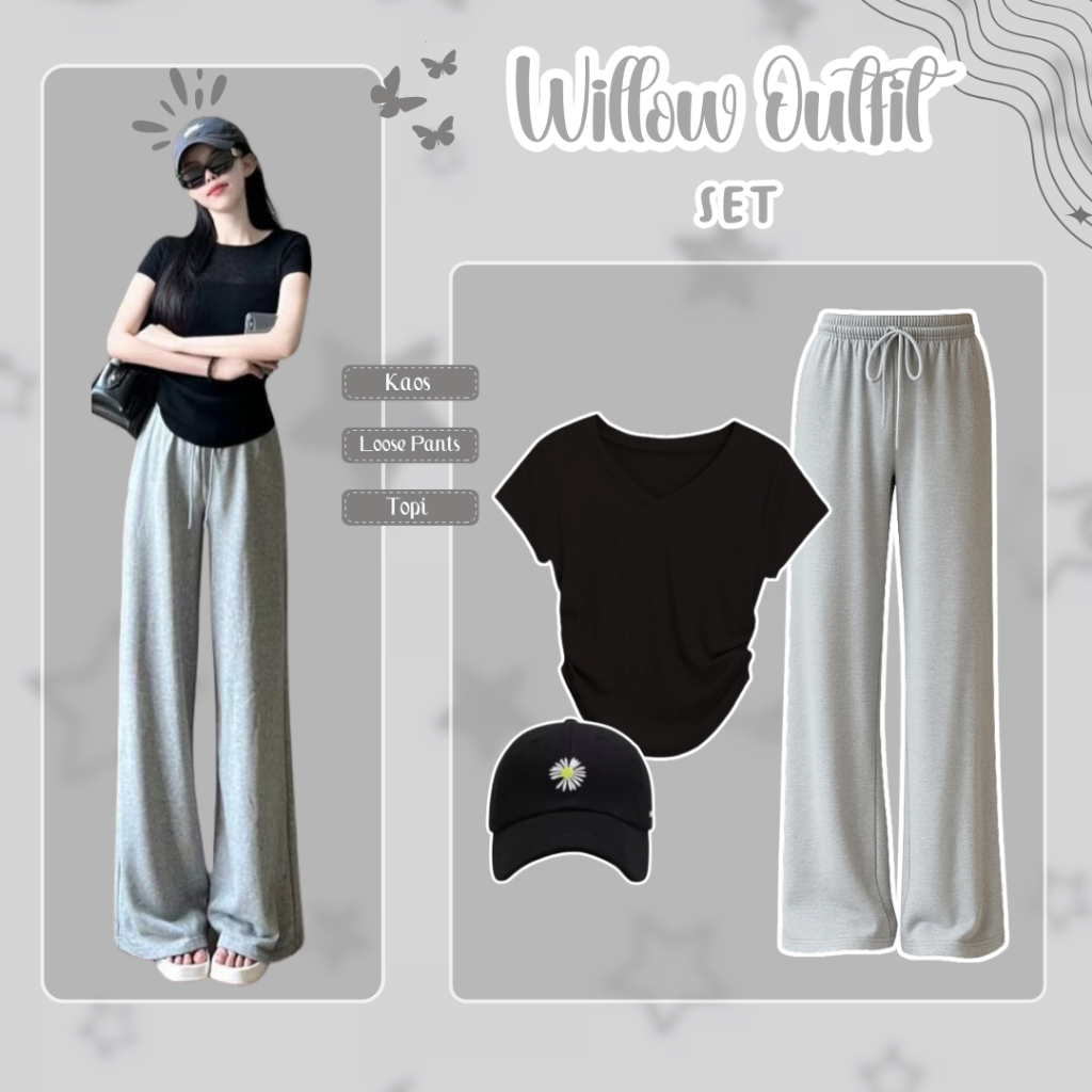 Willow Outfit Set [เสื้อยืด + กางเกงหลวม + หมวก] One Set สไตล์เกาหลี | แฟชั่นผู้หญิง
