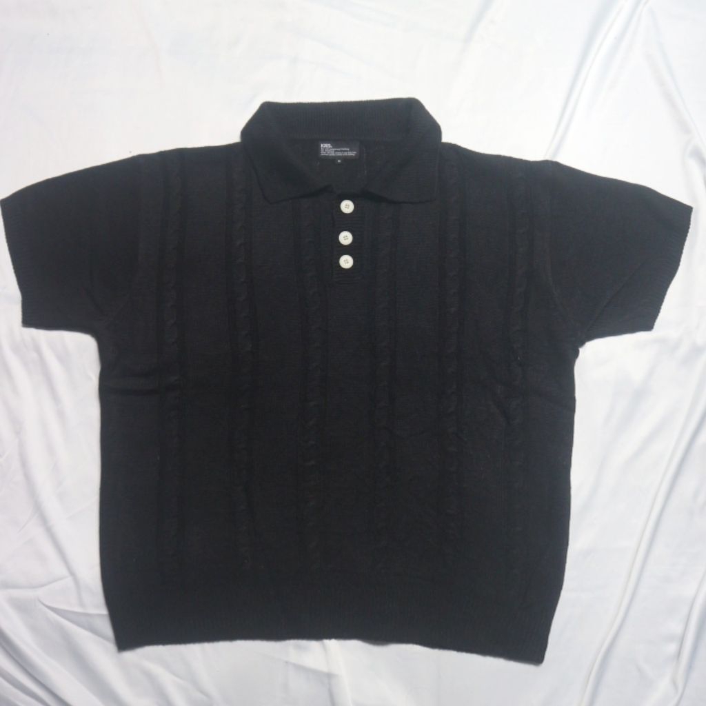 KND เกาหลีครึ่งปุ่มปกสายแขนสั้นคอปกถักสีดําสีดําสั้นเสื้อเสื้อถักเสื้อกันหนาวเสื้อสเวตเตอร์ คอกลม ถั